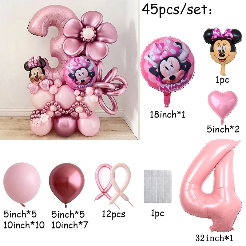 Juego de 45 Uds de globos de Mickey Minnie Mouse de Disney, globos de papel de aluminio con números de 32 pulgadas, decoraciones para fiesta de cumpleaños y Baby Shower para niños