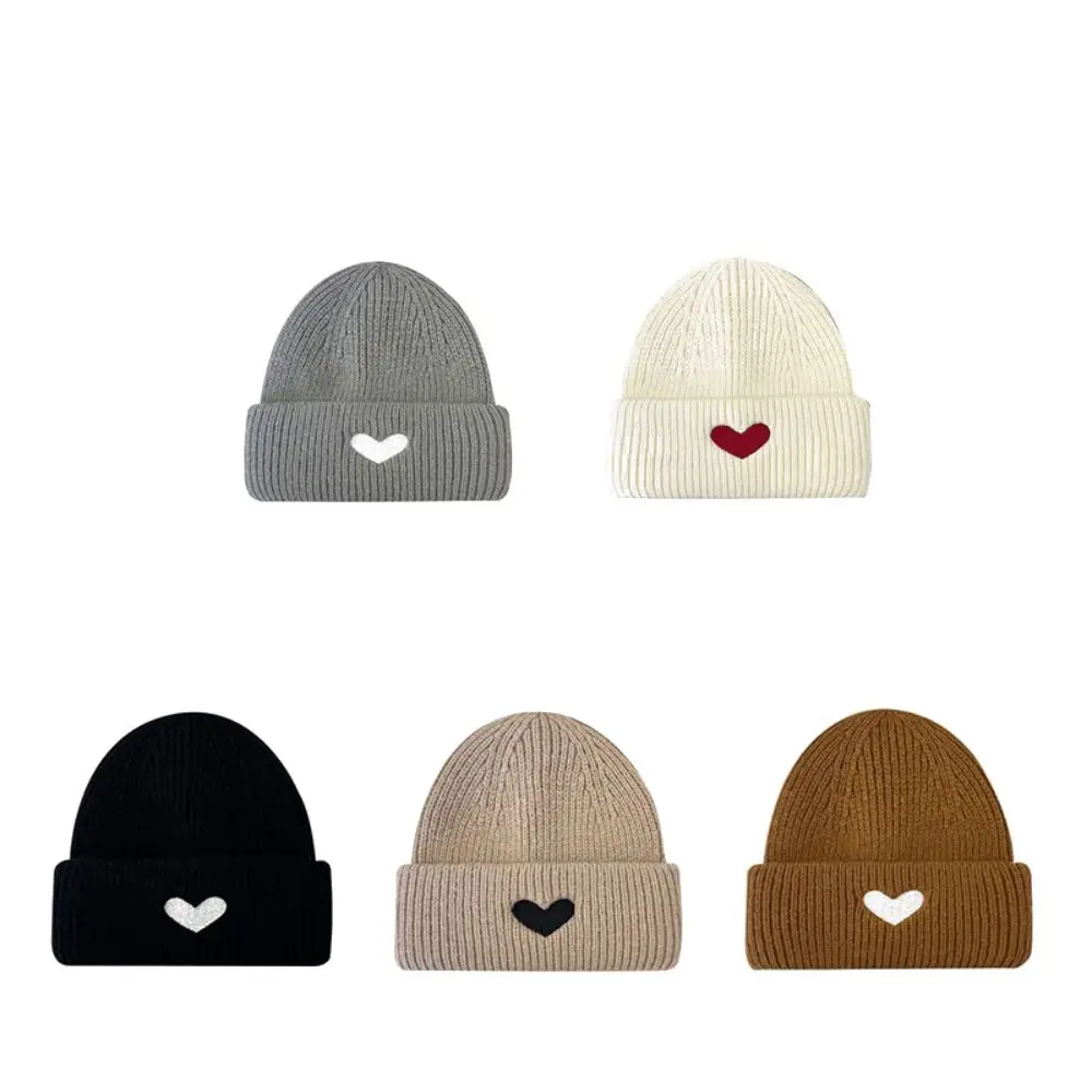 Winter Woolen Love Skullies Beanies Embroidery Ins Style Heart Knitted Hat Crochet Bonnet Elastic All-match