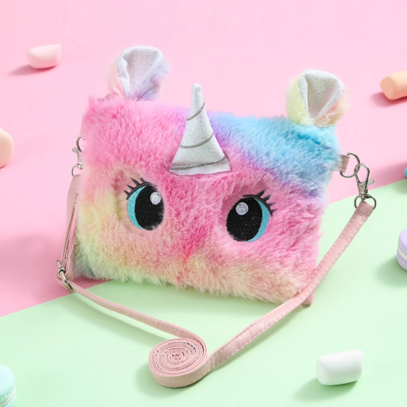 Unicorn Plush Purse Bag Girl Preppy Style Plush Crossbody Bag For Phone Square Rainbow Purse Women Handbag Children Girls Wallet