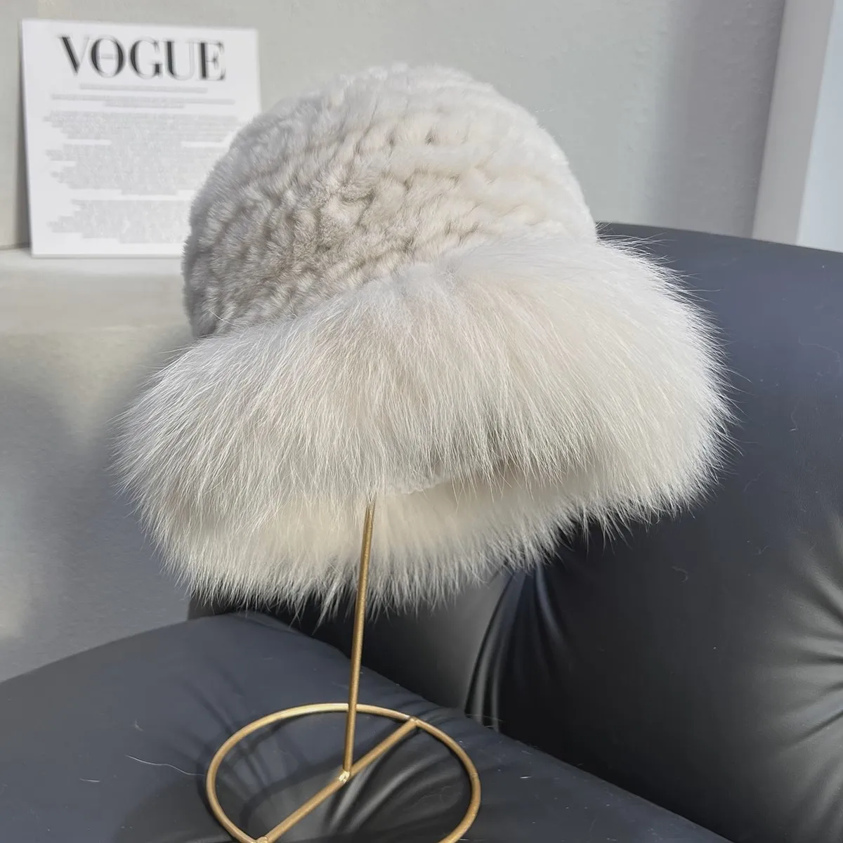 Winter Real Fur Bucket Hat for Women 100% Rex Rabbit & Fox Fur
