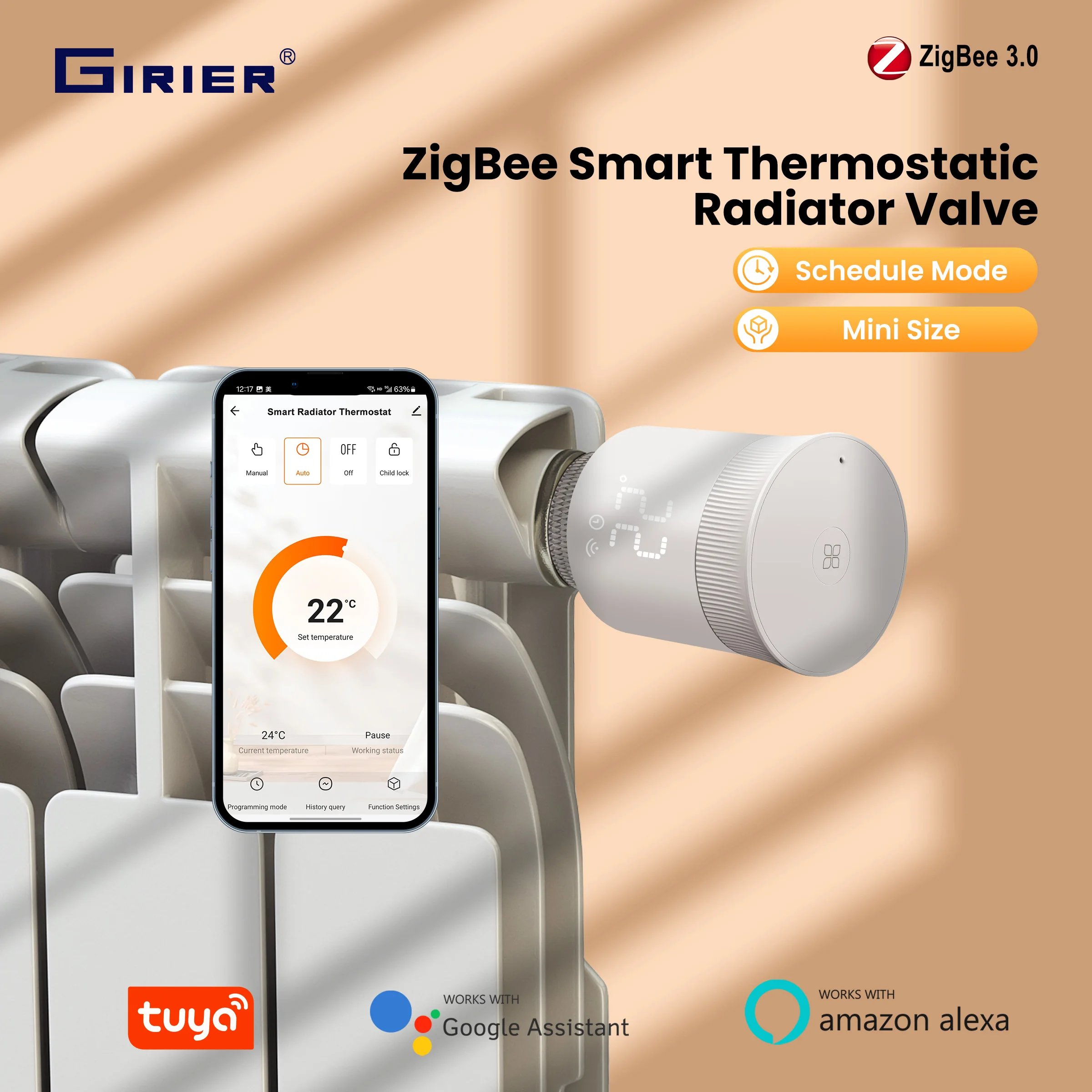 GIRIER Smart Home Rdiator Thermostat ZigBee TRV Programmable Thermostatic Radiator Valve Temperature Controller Works with Alexa