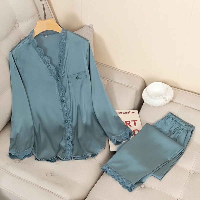Conjunto de pijamas casuais cetim sexy 2 peça pijamas de seda loungewear sólido pijamas primavera novo roupão camisa & calças