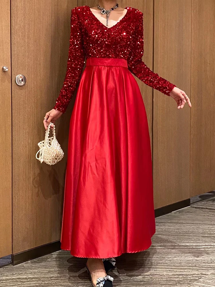 

2024 spring women's new V-neck long-sleeved sequins splicing A-line skirt party dress long skirt high waist big fashion dress