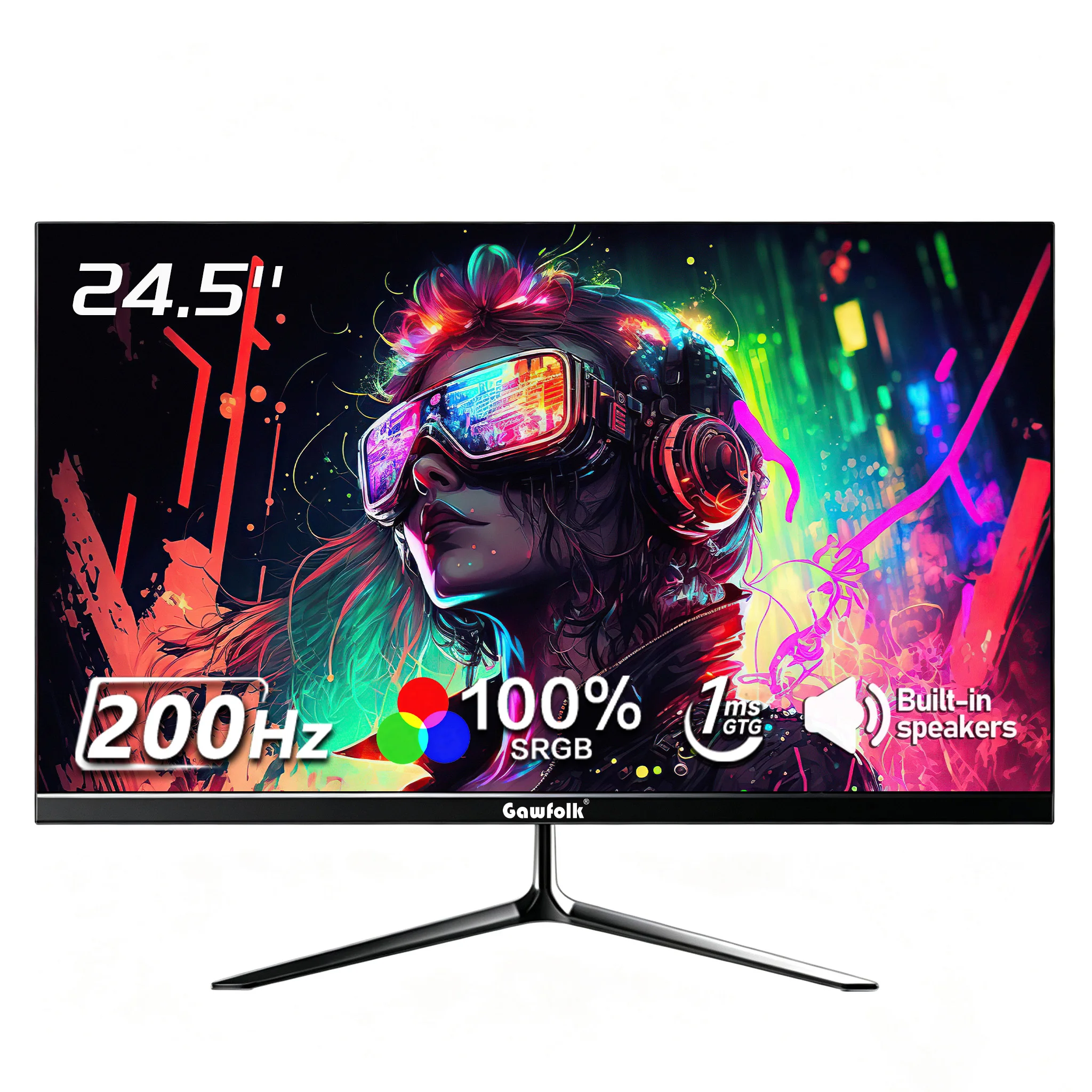 Monitor para juegos Gawfolk de 24 pulgadas y 200 Hz, pantalla FHD de 1080p, altavoces integrados, diseño sin bordes, tecnología FreeSync