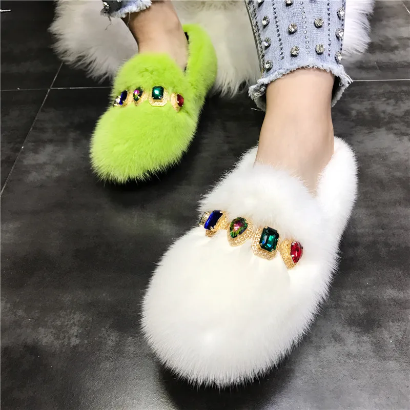 Red Women Flat Fur Shoes Crystal Decor Casual Loafers Winter Warm Mink Fur Espadrilles Ladies Walking Driving Zapatos Mujer