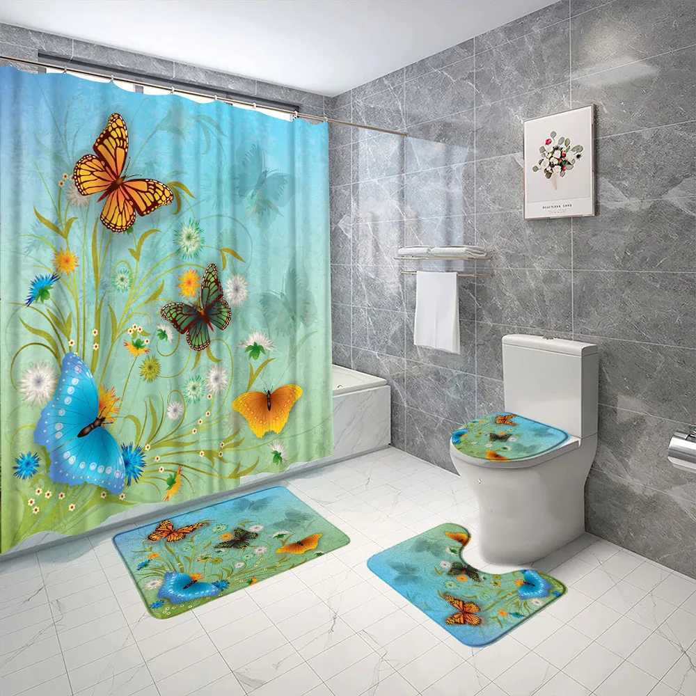 4PCS/Set Spring Flower Butterfly Shower Curtains Bath Mat Hand painted Plant Florals Fabric Bathroom Curtain Anti Slip Floor Rug