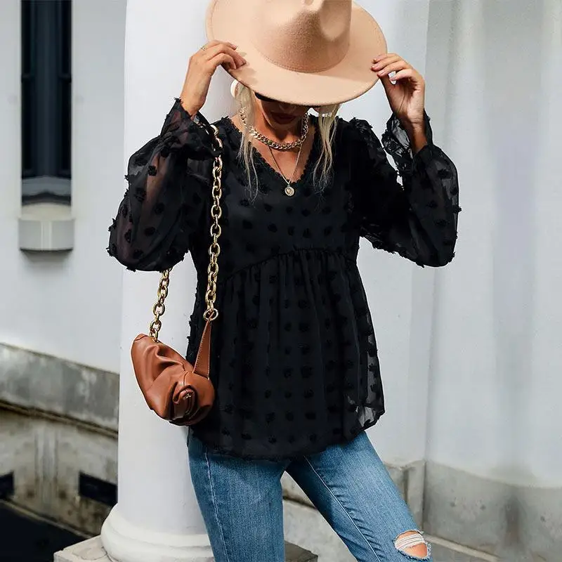 

Black Loose Fit Long Sleeve V-Neck Shirt Thin Casual Style Women's Fashion Top Early Autumn Wear Cross-Border Shirt