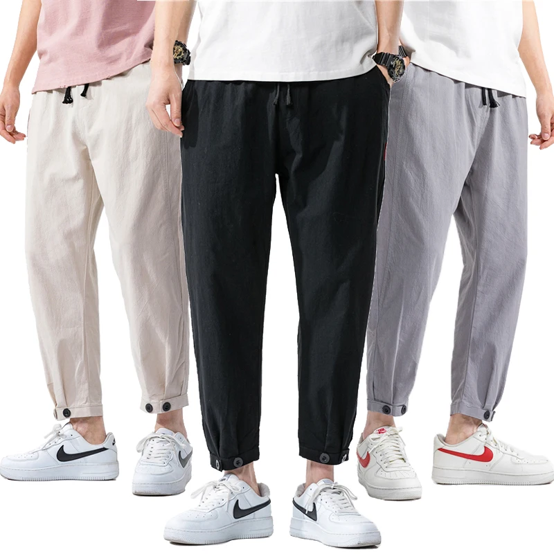 

Summer New Style Men's Trousers Linen Drawstring Sweatpants Jogging Casual Men Pants Pure Color Men's Runner Home Tactical Pants