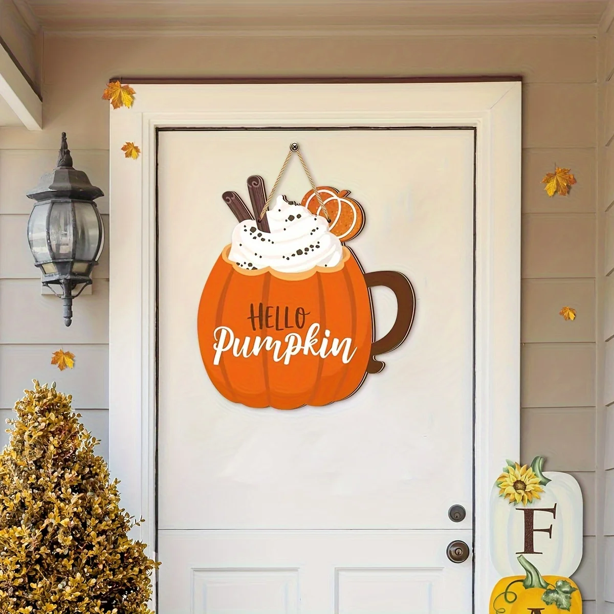 2D Vintage Wooden Welcome Sign Hello Pumpkin Snow Top Cup Design Autumn Leaves Pumpkins Rustic Farmhouse Wall Hanging Decor Gift
