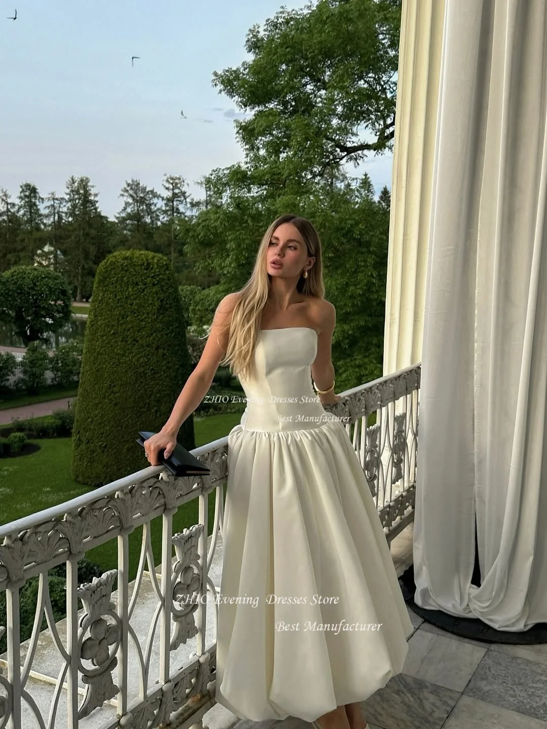ZHIO فستان زفاف بسيط من الساتان الأبيض بدون حمالات بطول الكاحل زي العرائس مخصص بدون أكمام طيات فستان حفلات الزفاف