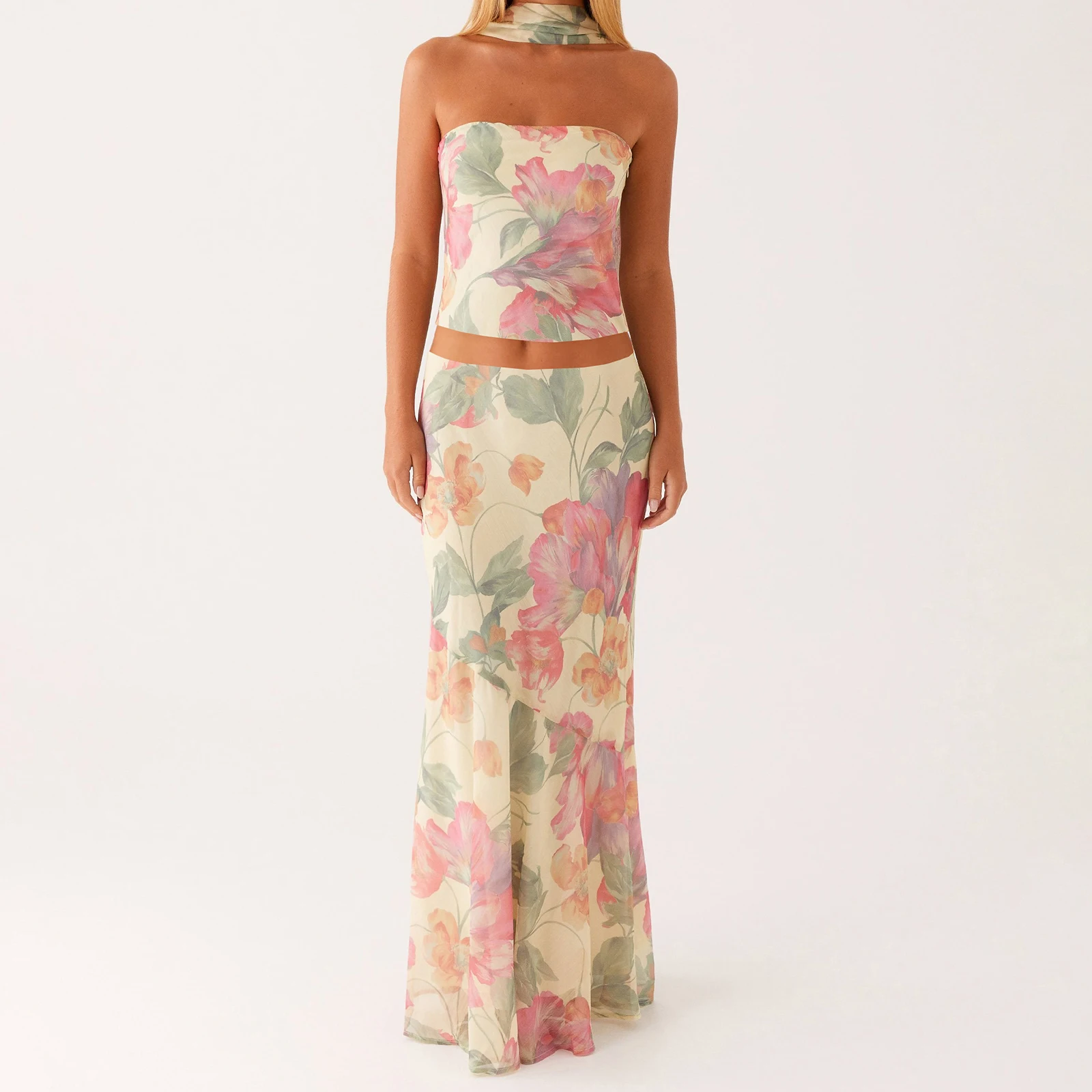 

Combhasaki Women Summer 3Piece Floral/Solid Outfits Set Strapless Backless Slim Tube Top + Ruffled Hem Long Skirt + Choker Scarf