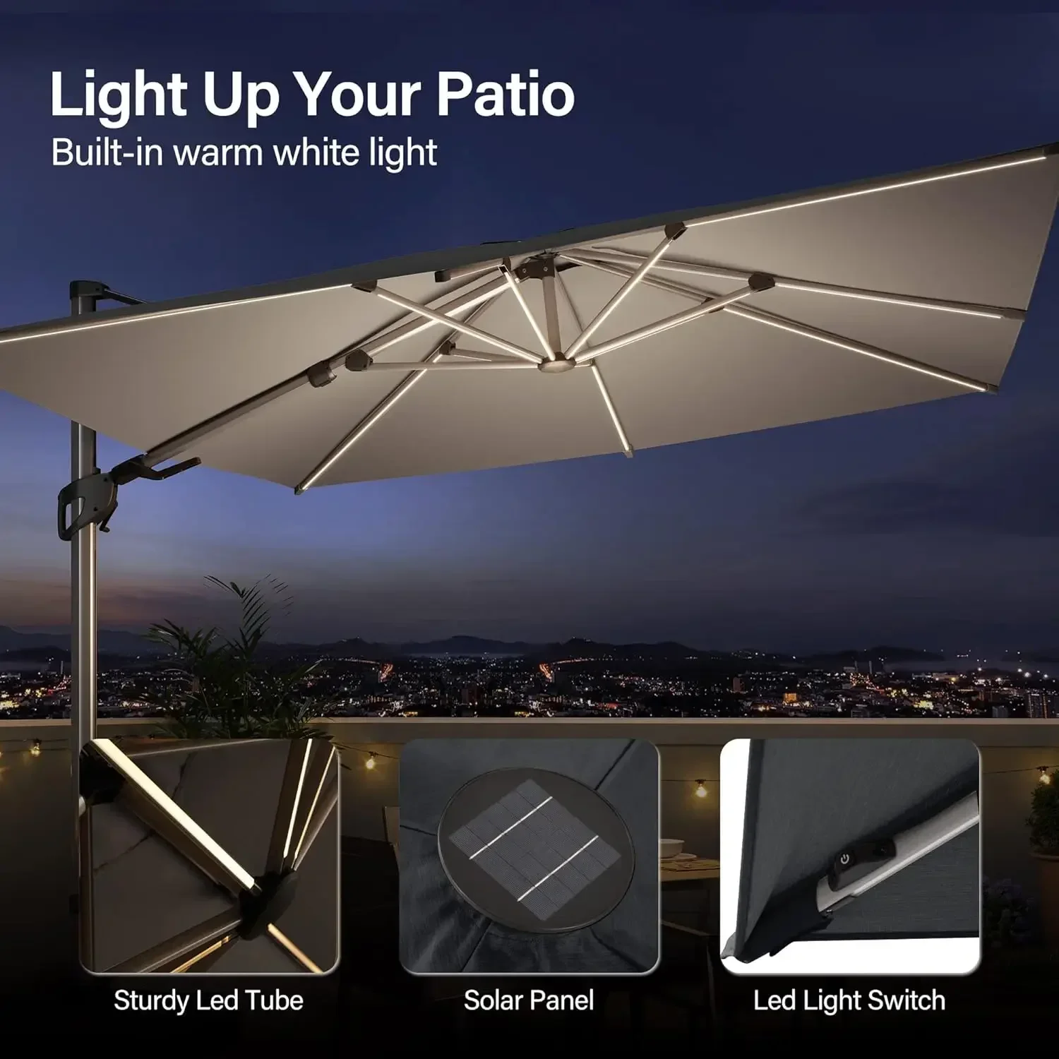 Outdoor Patio Umbrella with Solar Lights, 10 FT Large Cantilever Umbrella Windproof Offset Patio Umbrellas for Garden, Deck,Lawn