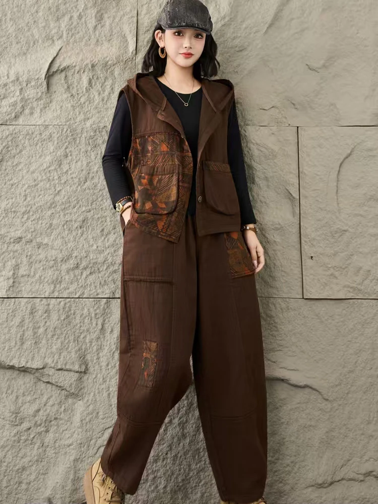 Amax lulue feminino com capuz denim 2 peças define moda colete ternos punk sem mangas casacos calças soltas jeans clássicos roupas impressas