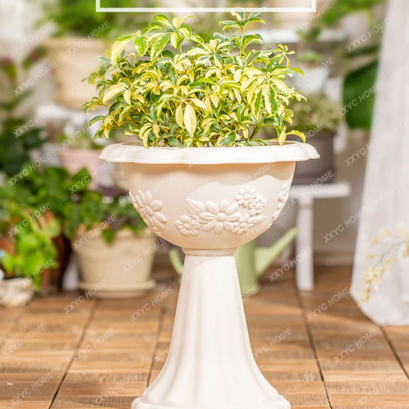 Resin Flowerpot European Style Retro Courtyard Outdoor Relief Melamine Wine Glass Type High Leg Petunia Hybrida Chrysanthemum