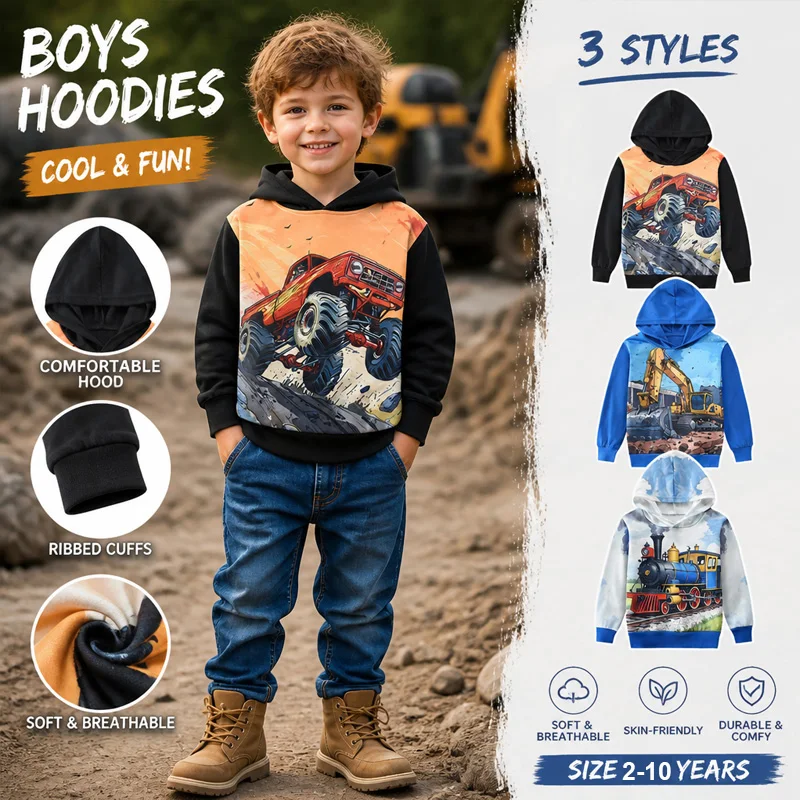 Little Hand Toddler Boy Hoodie Shirt Long Sleeve 3D Graphic Monster Truck Tops Active Sweatshirt Casual Outfit for 2-10 Years