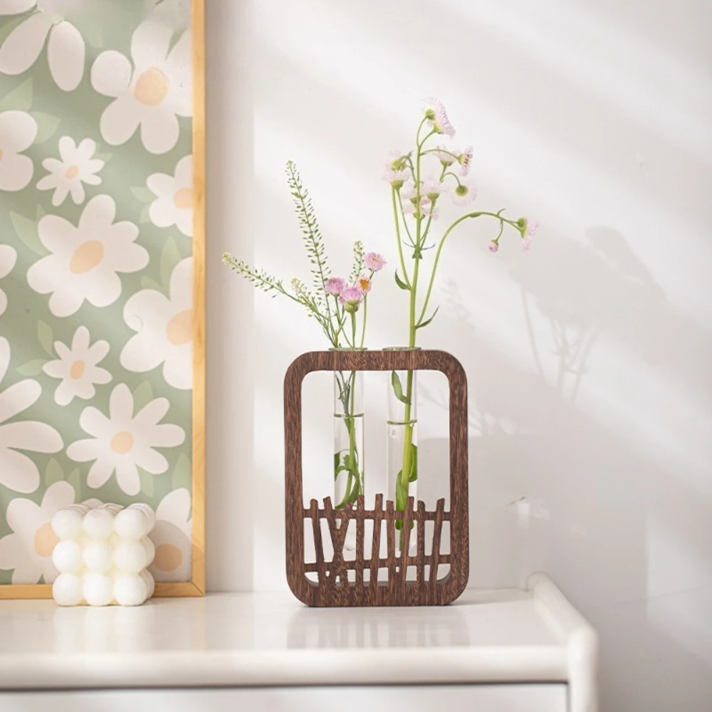 Walnuss chinesische Massivholz-Hydrokultur-Blumenvase, elegante Glas-Reagenzglasvase für Home-Office-Dekoration, Hydrokultur für Fensterbänke