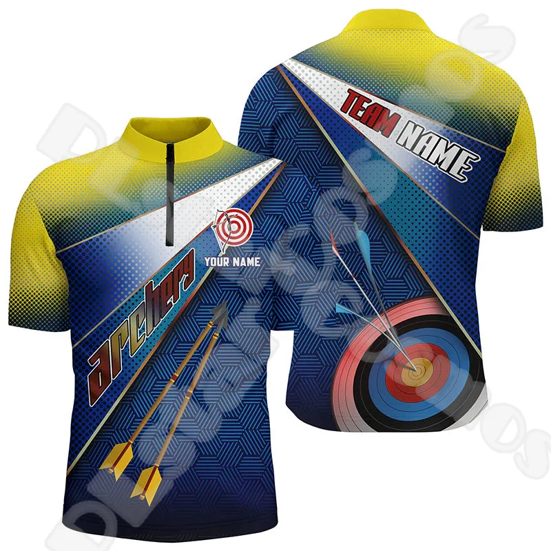 Custom Name Archery Shooting Player Flame Graffiti Tattoo Retro 3DPrint Harajuku Summer Short Sleeves Zip Polo Shirts Jersey X11