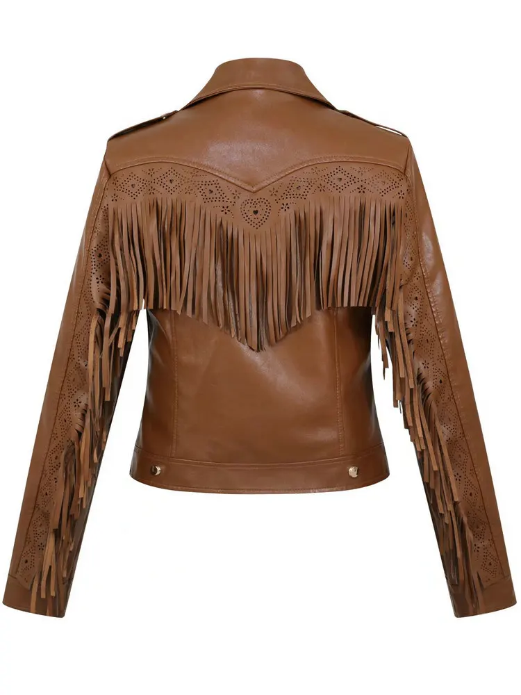Jaquetas de couro de carneiro vintage feminino, casacos de rua femininos, borla PU, preto, marrom, casacos punk, outono, inverno, 2022