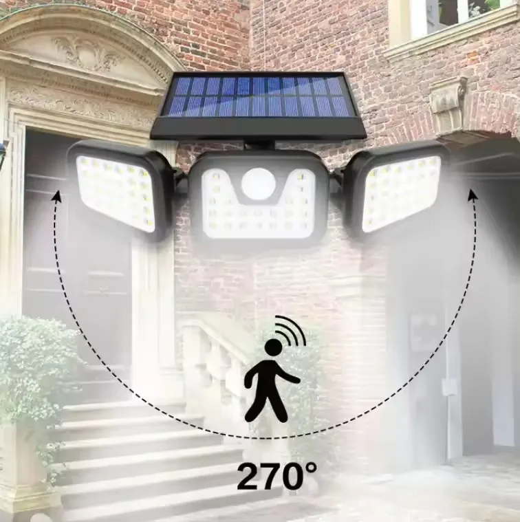 74LED Solar Light 270-degree 3 heads Rotating Lighting Wall Lamp for Corridor Courtyard Outdoor Waterproof Street Light 3 Modes