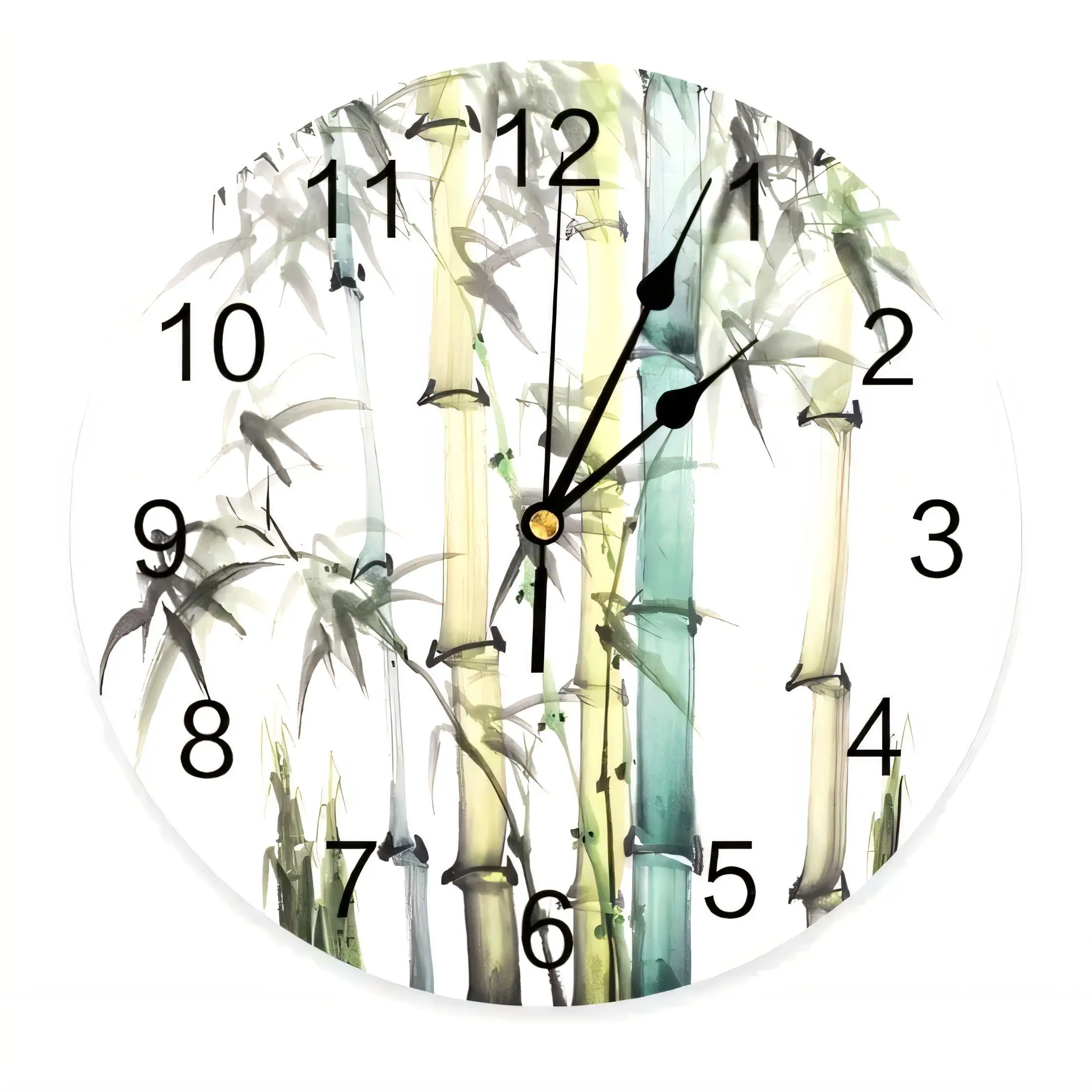 Bamboo Wall Clock Art  Watercolor Decor Silent Non Ticking Battery Operated for Home Office