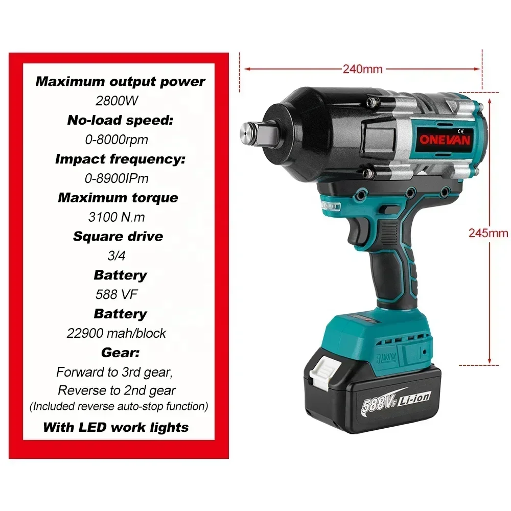 100NM Brushless Electric Wrench 3/4 Inch Cordless Impact Wrench 588VF Battery Handheld Power Tool for Makita 18v Battery