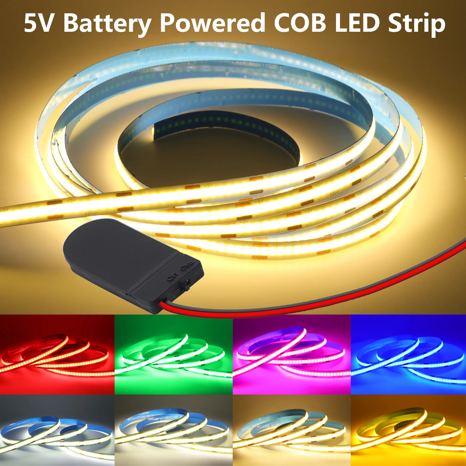 5V 8MM COB LED Strip With ON/OFF Switch Battery Box 0.5m 1m 2m 3m 320LEDs/m Flexible Battery Tape for Room Decor TV Backlight