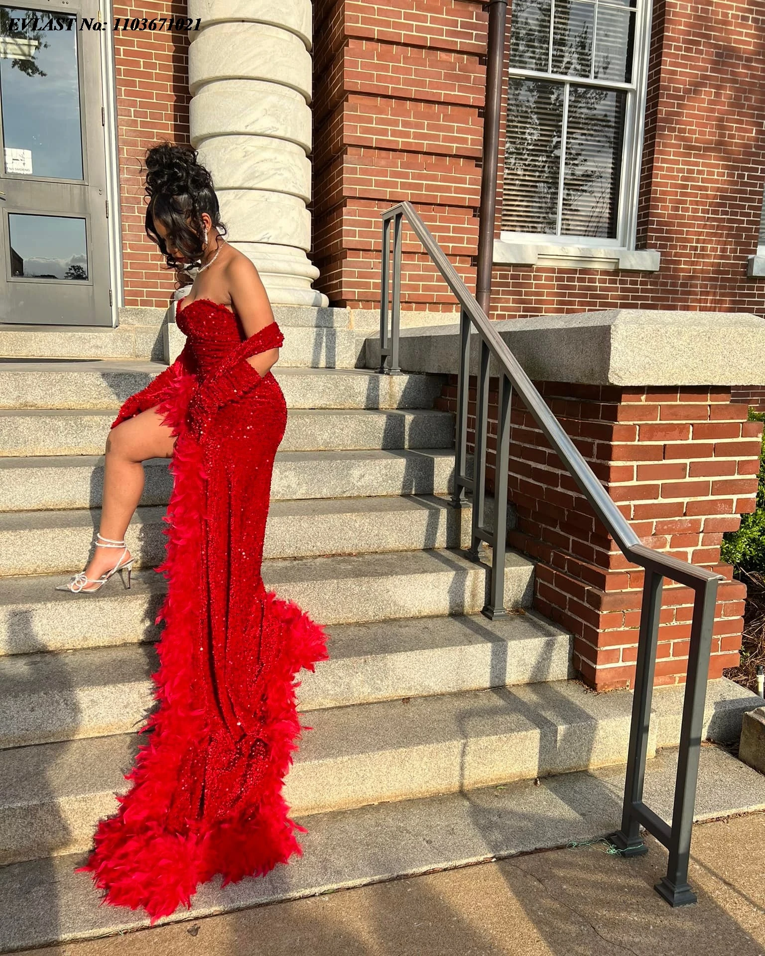 EVLAST Customized Red Sequins Mermaid Prom Dress For Black Girls High Slit Feather Beaded Party Gala Gown Robes De Soiree P25