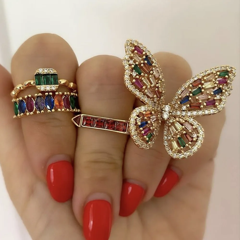 Colorful Crystal Zirconia Butterfly Ring For Women Stylish Simple Ladies Vintage Metal Band Charming Banquet Party Jewelry