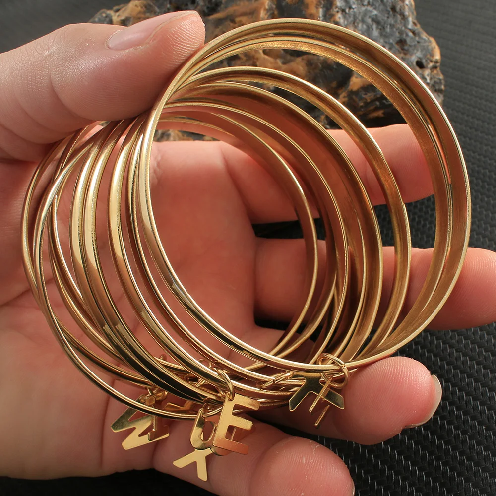 Fashion Stainless Steel Jewelry Gold Color Inner Diameter 68mm Charm Alphabet Letters Pendant Bangles For Women Girl BFADARCA-1