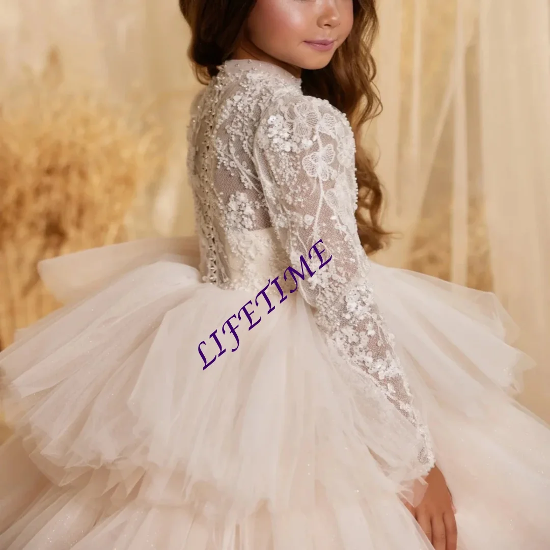 Glitter Luxury Beaded Tiered Tulle Princess Gown For Stage Performance Elegant High Collar Long Sleeve Girl Dresses W Customized