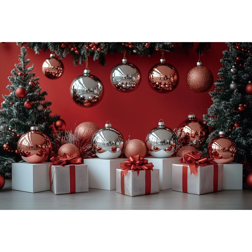 عيد الميلاد كرات ضوء فضية جدار أحمر خلفية هدية شجرة عيد الميلاد حفلة الأطفال الأسرة صورة التصوير خلفية استوديو الدعائم
