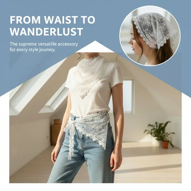 Frilly Cute Lace Bandana Scarf Convertible Triangle Head Wrap Waist Chain Belt Accessory For Sexy Women Trendy Aesthetic Outfit view 3