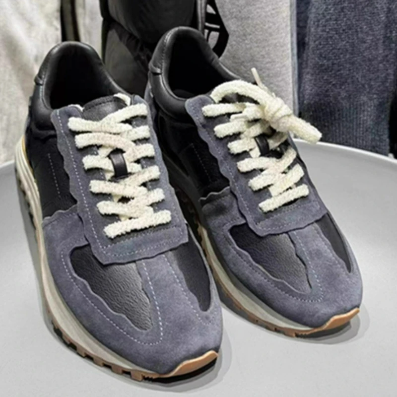 Retro first-layer cowhide splicing old lace-up jogging sports thickness casual shoes