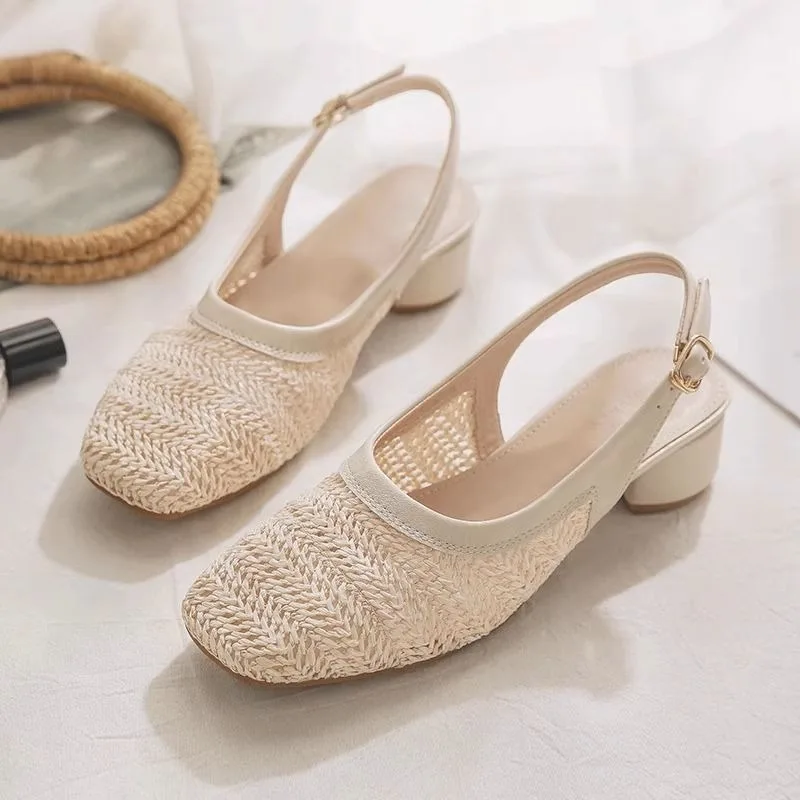 

2025 женские босоножки на каблуке с квадратным носком, элегантная летняя обувь на массивном каблуке, тканые дизайнерские новые трендовые тапочки 2025 года, женские туфли-лодочки