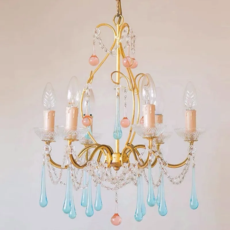 French dreamy pink blue crystal chandelier, retro light luxury living room, dining room, bedroom light