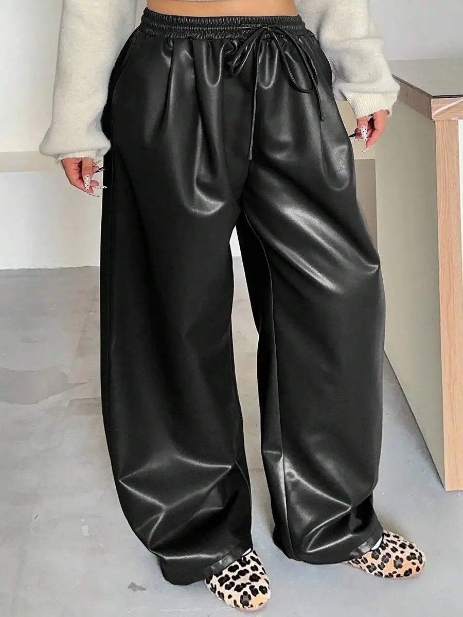 Plus Size Women Loose Straight Leg PU Leather Pants With Drawstring Waist Casual Street Style Autumn Winter