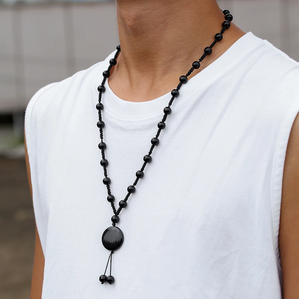 

Charm Black Simulated Onyx Stone Beaded Necklace For Men Classic Round Pendant Long Bead Chain Necklace Jewelry Anniversary Gift