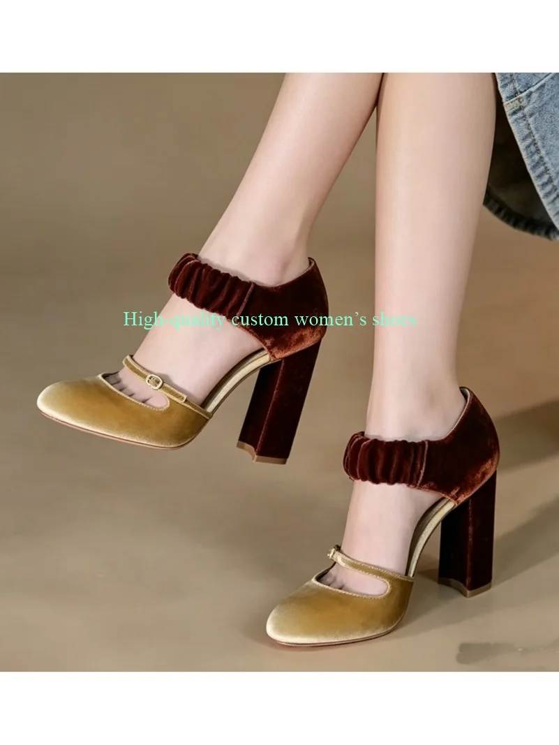Gold And Burgundy Color-Blocked Velvet Fabric Women's High Heels Head Lnstep Buckle  Chunky High Heels Luxury Women's Shoes