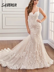 Nude Lining Mermaid Wedding Dresses For Women Spaghetti Straps Lace Appliques Court Train Bridal Gown Robe De Mariee