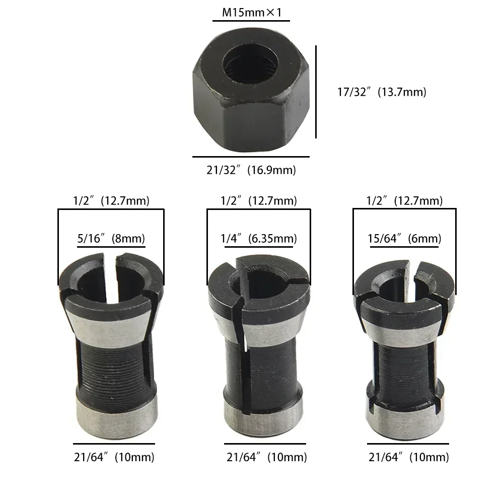 4Pcs Set M15 Screw Nut Electric Router Milling Cutter 6mm/8mm/6.35mm Collet Chuck Woodworking Milling Cutter Accessories