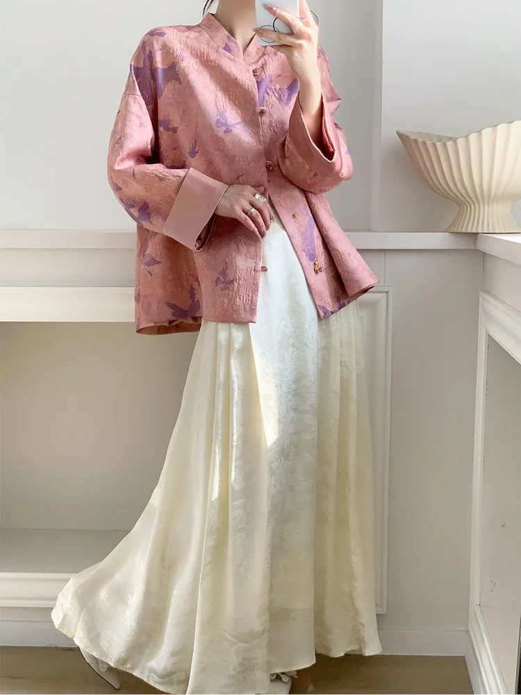 

Новая китайская женская юбка миди А-силуэта с высокой талией, осенняя коллекция 2026, утягивающая шелковая юбка средней длины с цветочной вышивкой