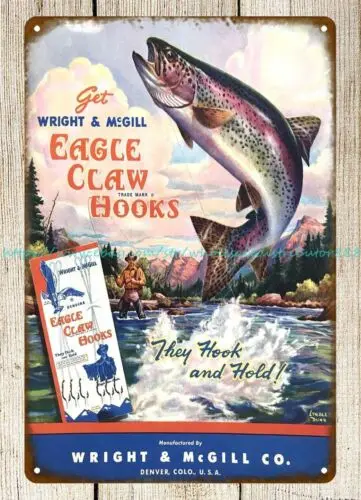 1953 WRIGHT & MCGILL CO Fishing Tackle catalog cover metal tin sign unique decor