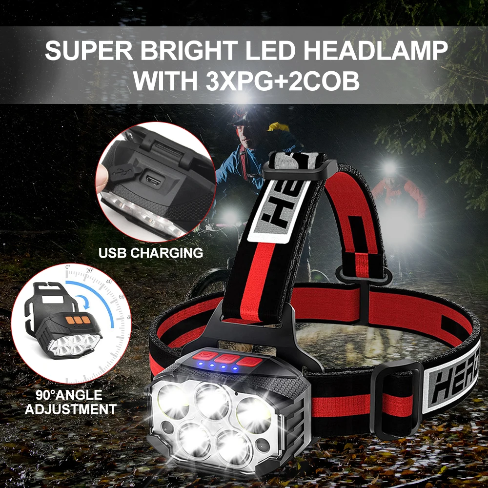 

Super Bright LED Headlights Portable 3XPG+2COB Light Beads USB Charging for Camping Adventure Hunting Night Fishing Running Lamp