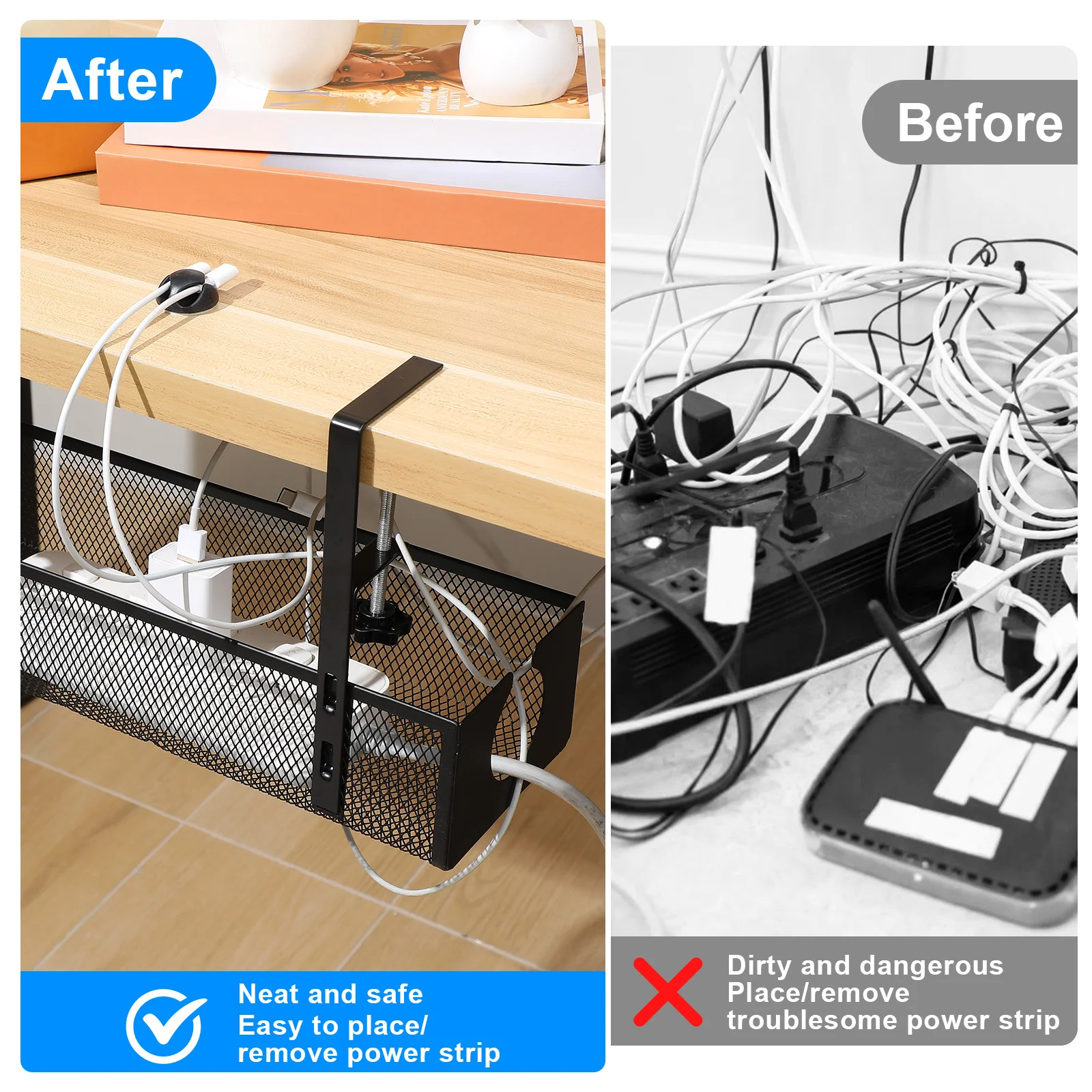 Office Table Cable Storage Basket Tray Under Desk Organizer Cord Holder For Accessories Black