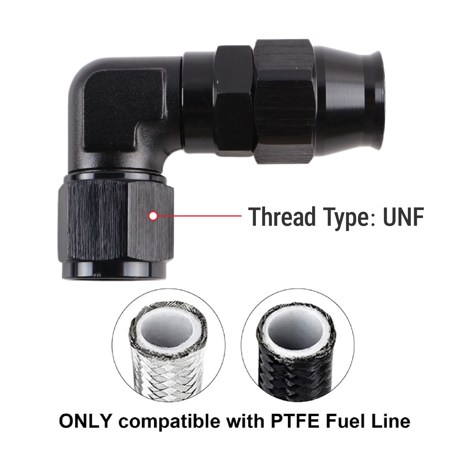 Conector Giratório de Alumínio Forjado AN4 6 8 10 Preto PTFE para Linha de Óleo/Combustível, Adaptador de Mangueira 90 Graus