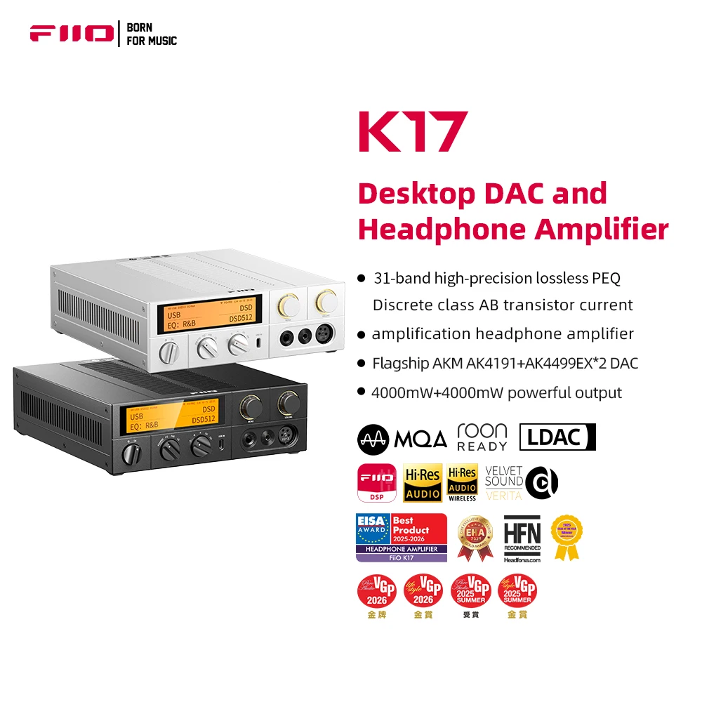 FiiO K17 Desktop DAC&Headphone Amplifier AK4191+AK4499EX*2 , 31-band PEQ, MQA,Support DSD512 32Bit/768kHz with Remote Control