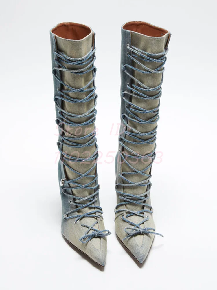 Denim Blue Cross-tied Riding Boots Solid Pointed Lace-up Stilettos Knee-high Boots 2025 Women New Catwalk Fashion Modern Shoes