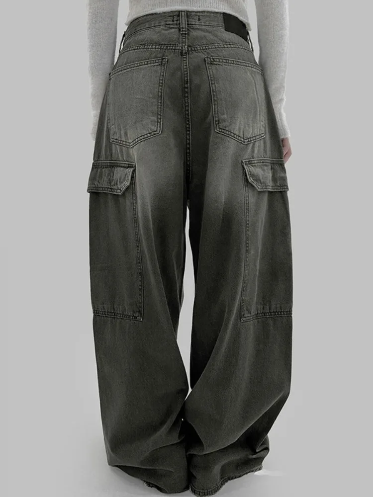 Vrouwen Vintage Zakken Baggy Cargo Jeans Y2k Streetwear Harajuku Hoge Taille Wijde Pijpen Broek Denim Broek Alt Kleding Donkergrijs