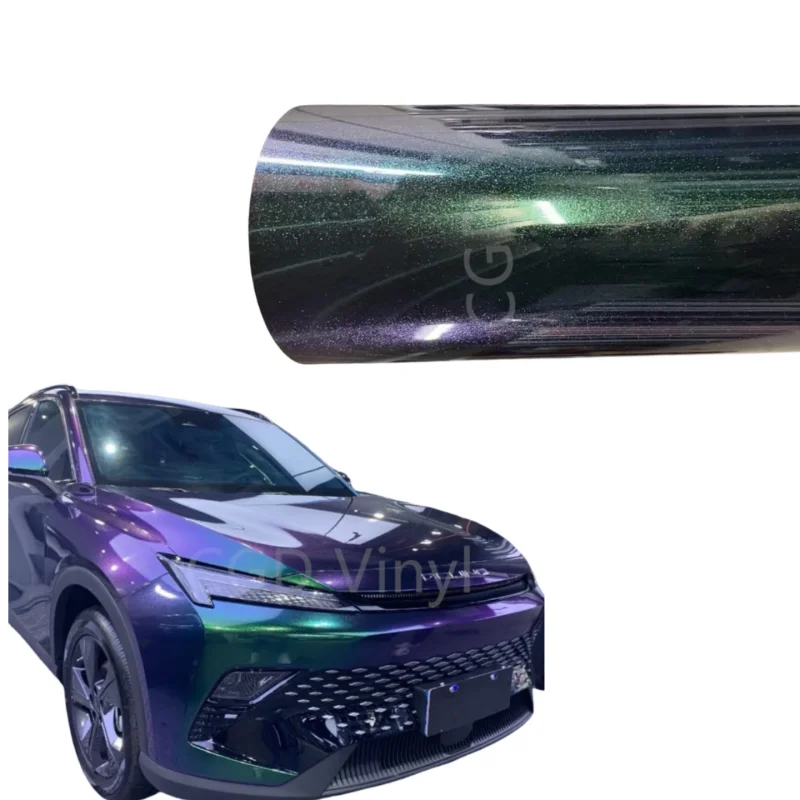 

High-quality glossy green to purple diamond chameleon vinyl cling film. Vinyl cling film is suitable for automotive packaging