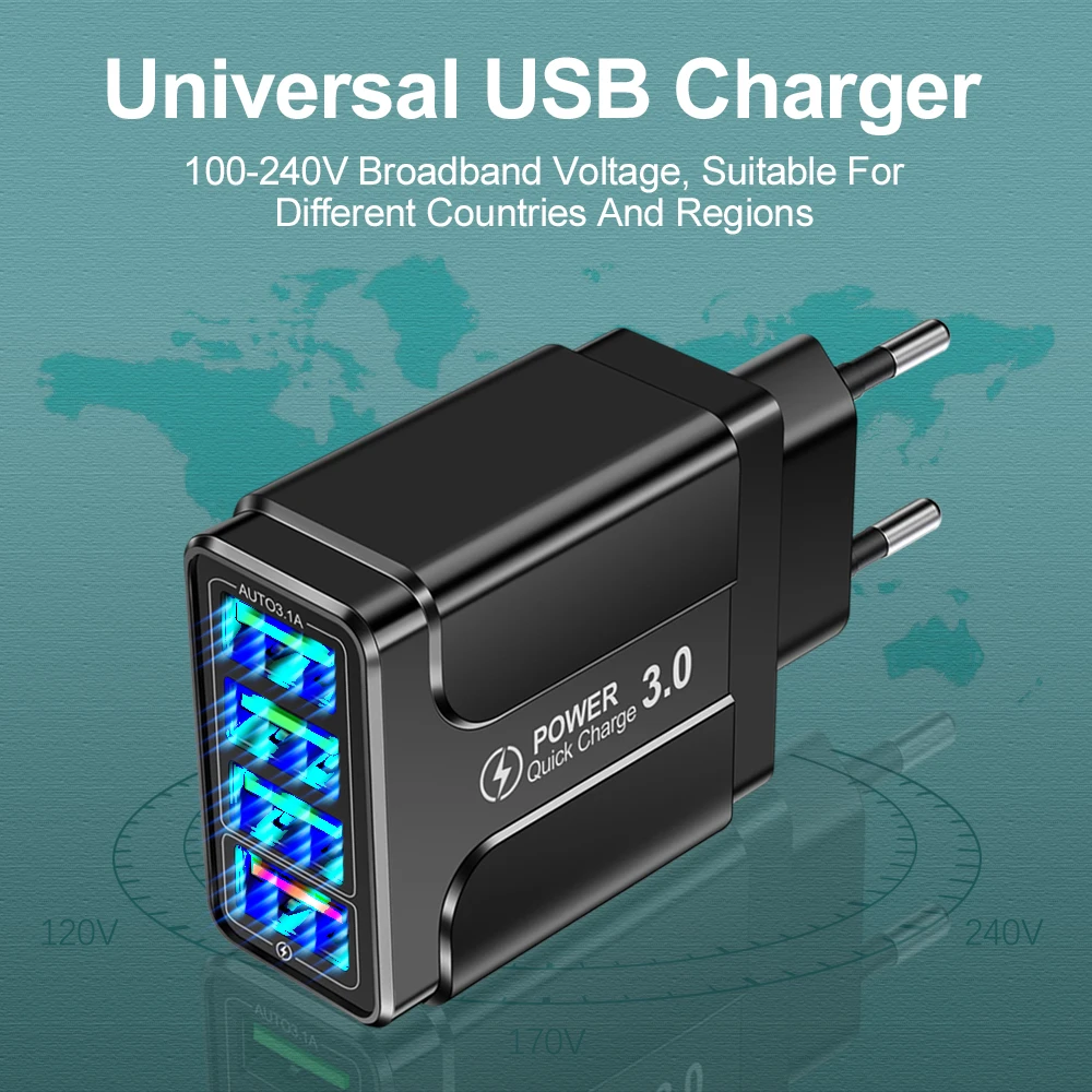 5.1A QC3.0 USB A شاحن متعدد المنافذ 4 في 1 USB شحن سريع شاحن محمول شحن سريع محول الطاقة الجدار USB شاحن #6